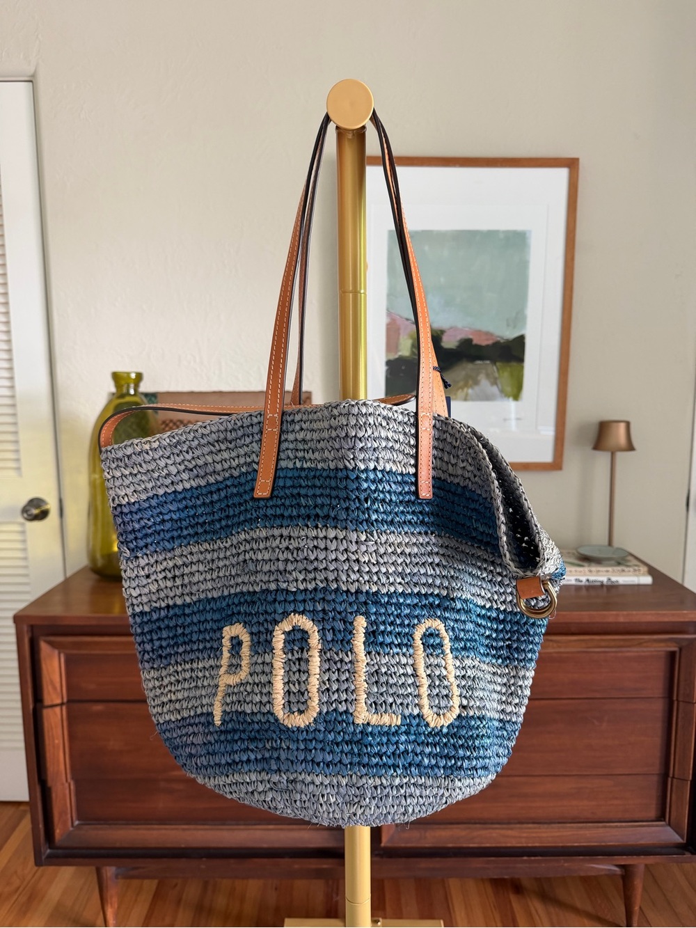 Polo Ralph Lauren Striped Raffia Straw Tote Bag NWT
